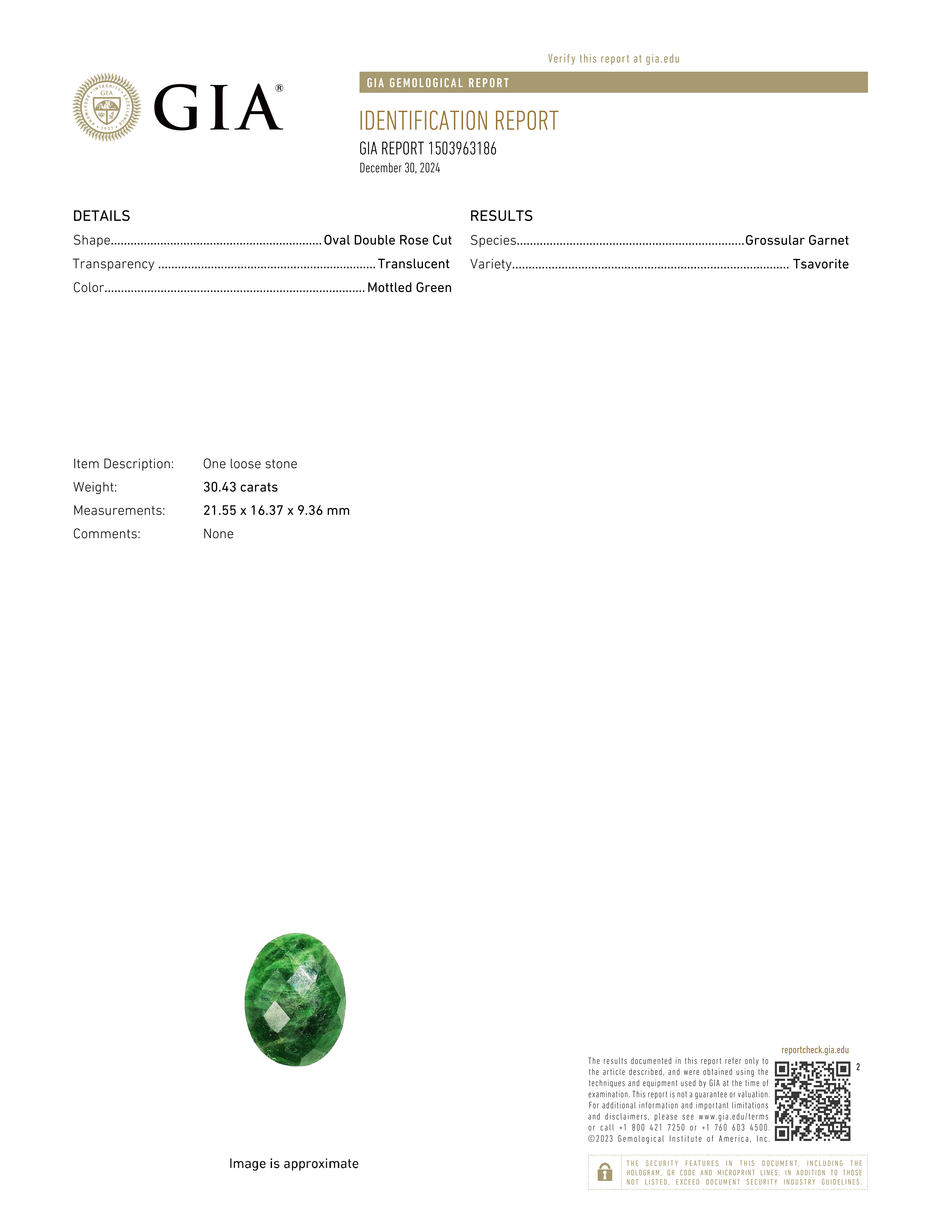 Natural Tsavorite 30.43 ct GIA # 1503963186